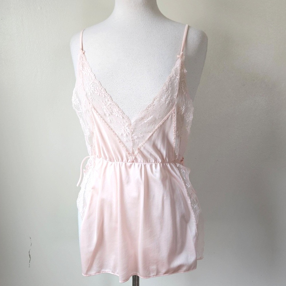Vintage 70s 80s Light Pink Nylon Lace Teddy Top Side Tie Open Revealing Sexy S/M